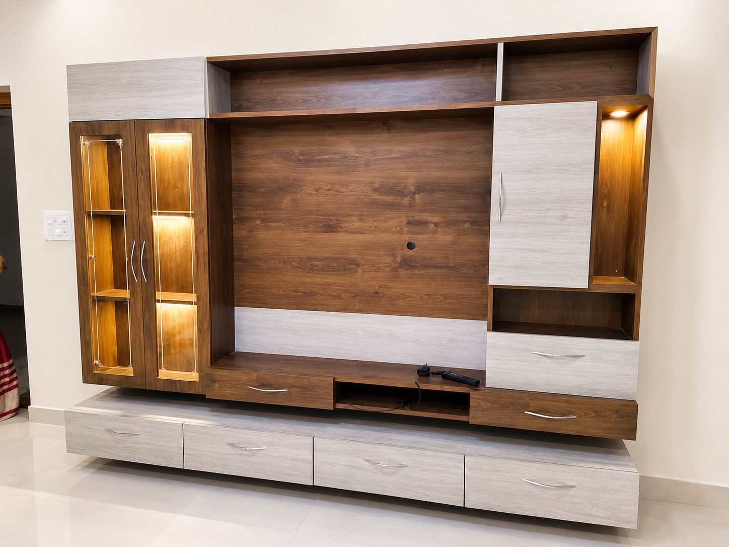 Custom wood and grey television storage wall