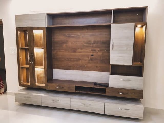 Custom wood and grey television storage wall
